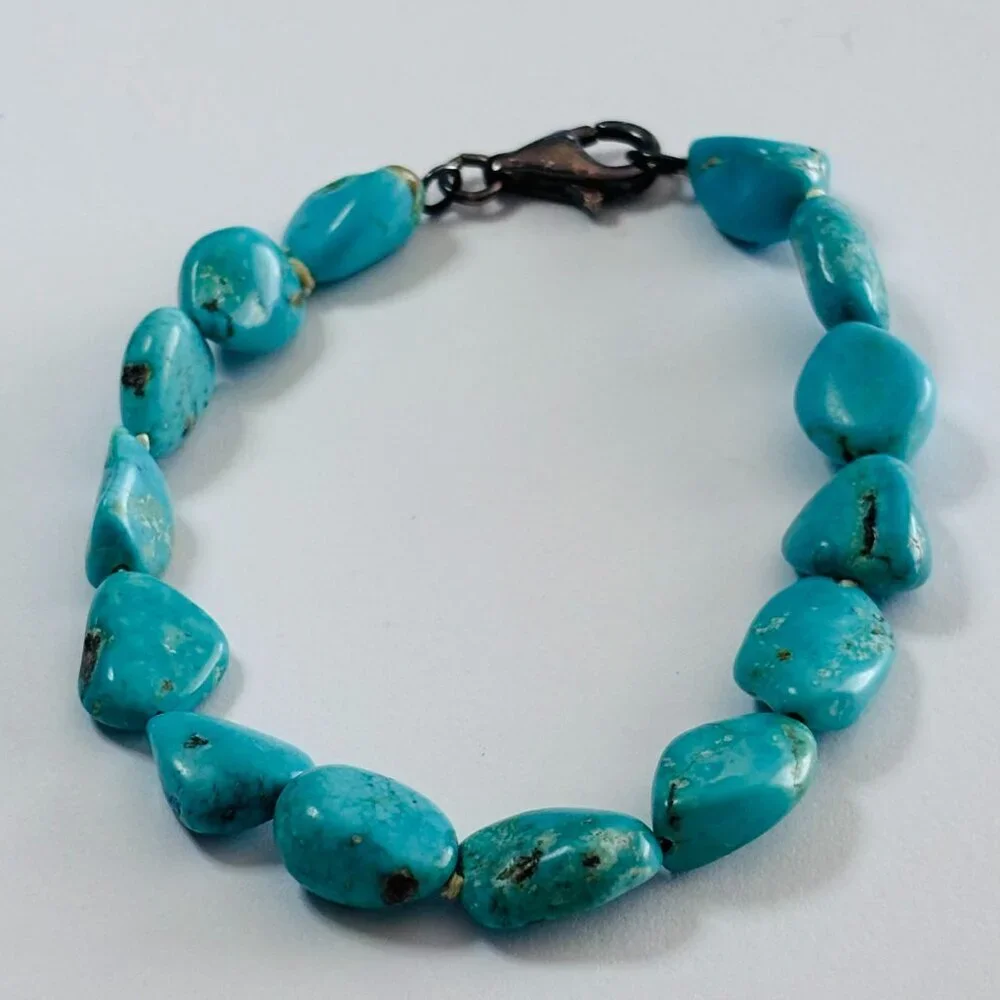 Turquoise Nugget Bead Bracelet Silver Tone Clasp Southwestern Boho - Picture 6 of 7